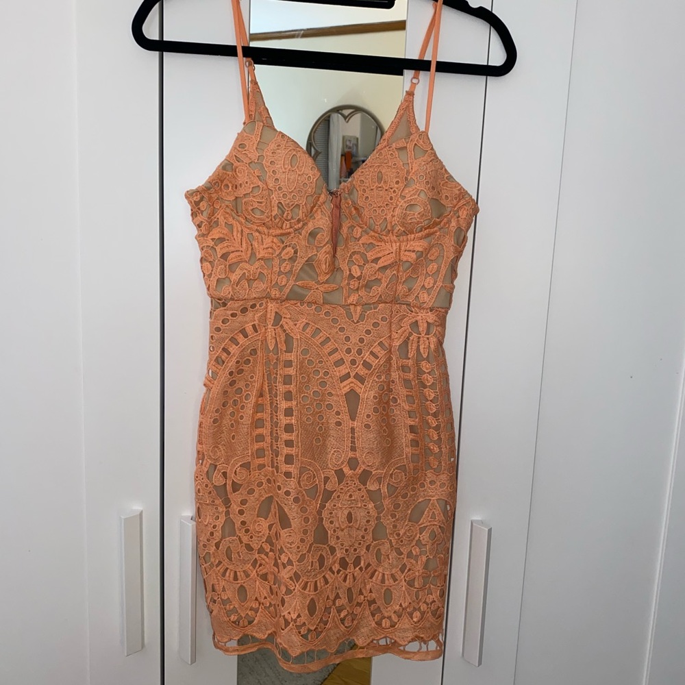 LUXXEL peach and nude lace dress size small